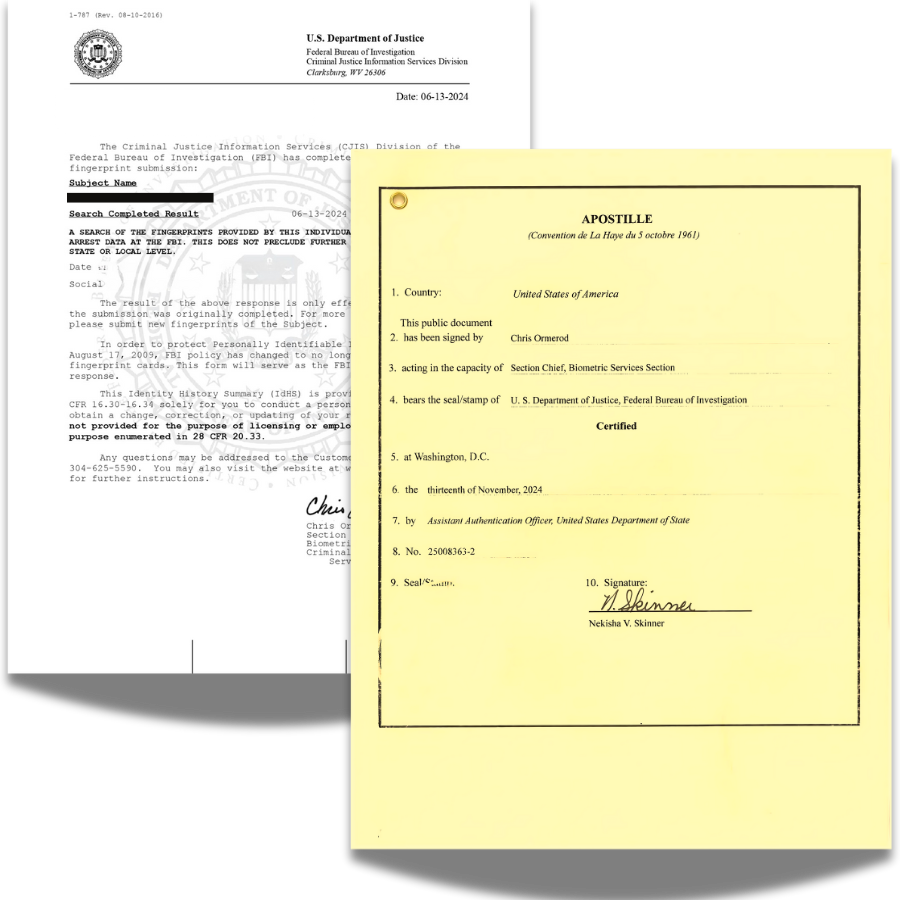 FBI Identity History Summary with U.S. Department of State apostille certificate
